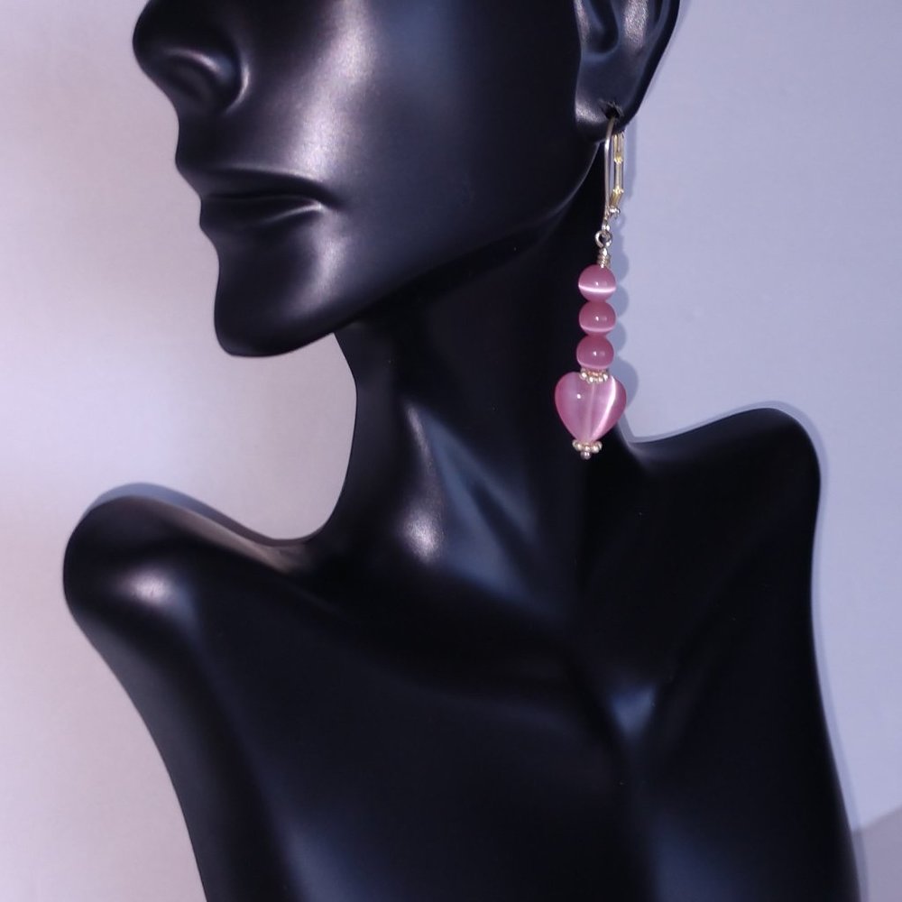 Pink Heart Earrings with Banded Agate Beads Handmade 2.25 inch Valentines Style